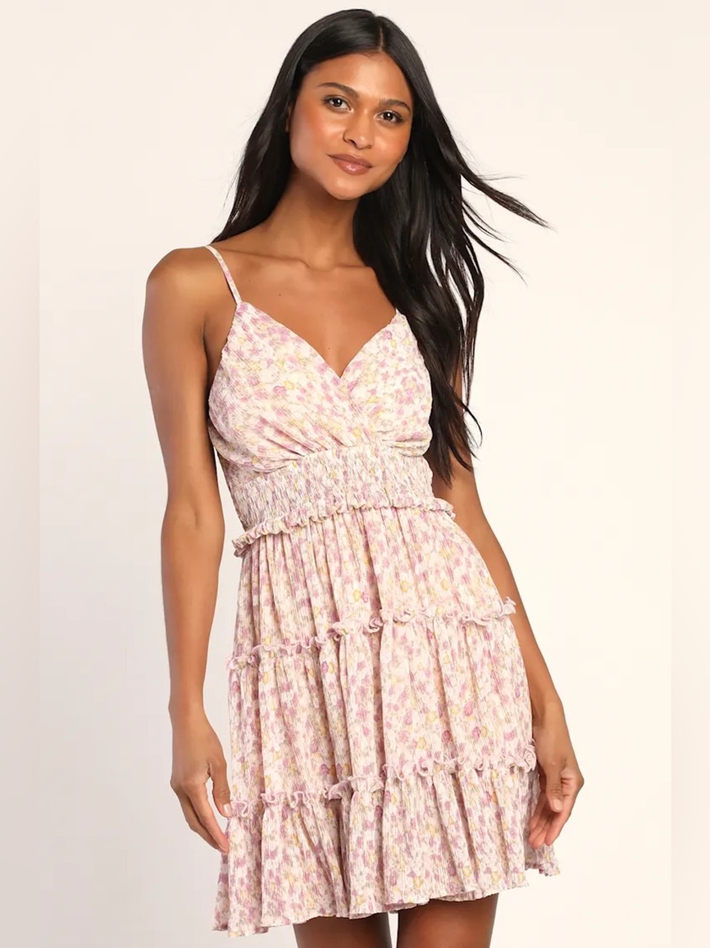 Mable floral print tiered mini dress cream purple yellow